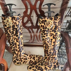 Tory Burch Leopard Pattern Boots with Gold Accents